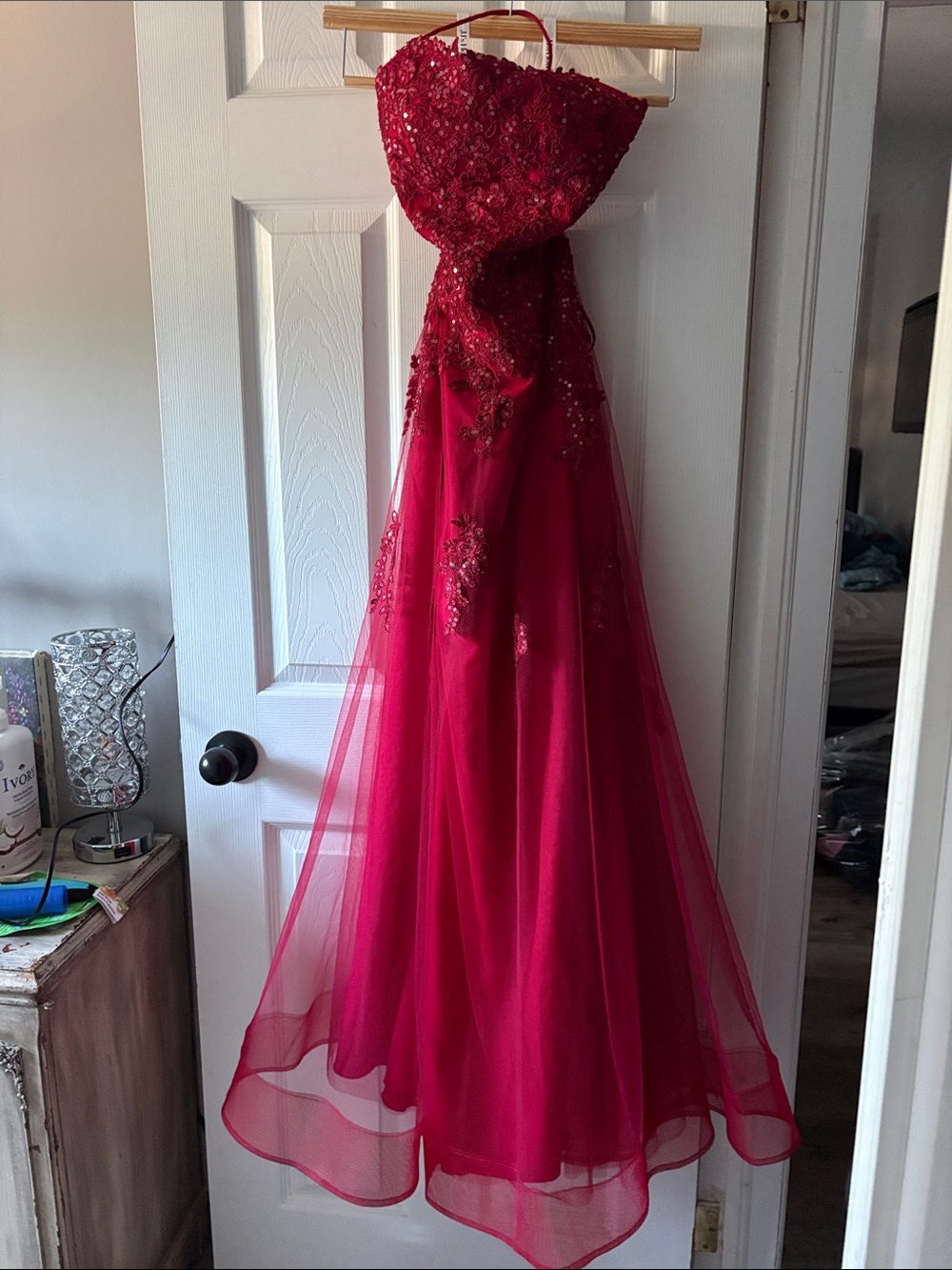 JJs House Red Strapless Beaded Tulle Prom Dress